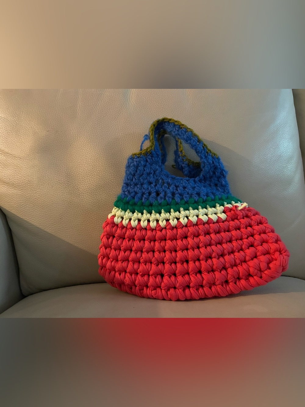 Handmade Multicolor Crochet Tote Bag - Blue, Green, Cream, Red